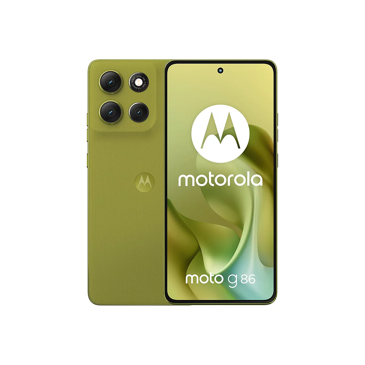 Hellgrünes Motorola-Smartphone. Rückseite mit Kameras, Motorola-Logo. Auf dem Bildschirm: Logo und Schriftzug „moto g 86“.
