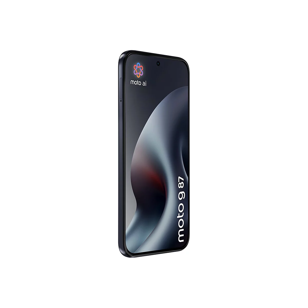 Dunkles Motorola Smartphone in Schrägansicht mit 'moto ai' Logo und 'moto g 87' Schriftzug auf dem Display.