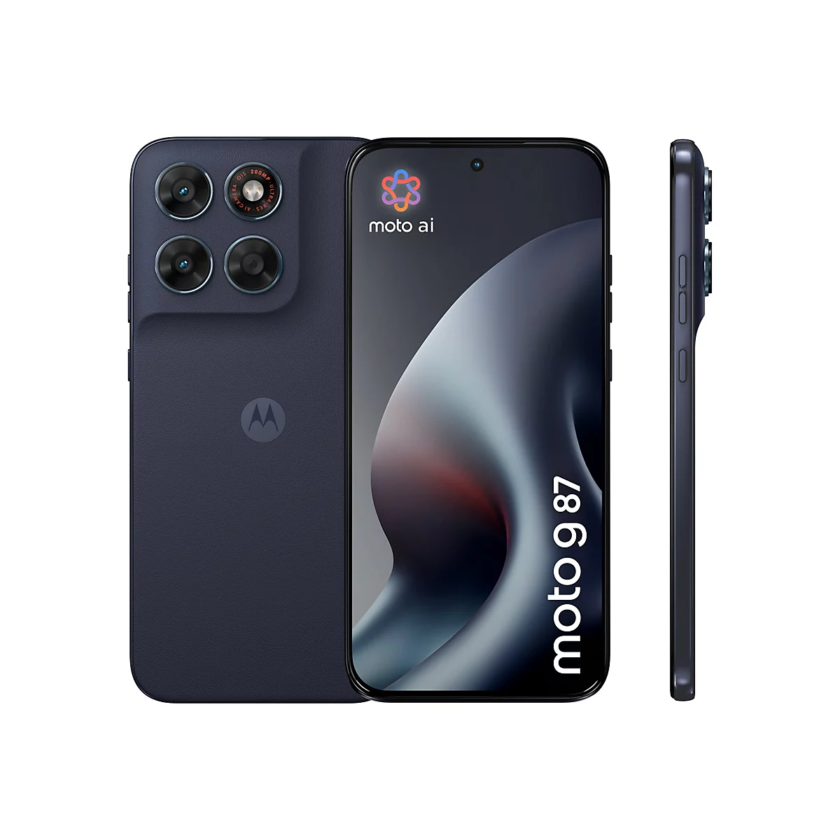 Dunkelblaues Motorola Smartphone von vorne, hinten und der Seite mit 'moto ai' Logo auf dem Bildschirm.