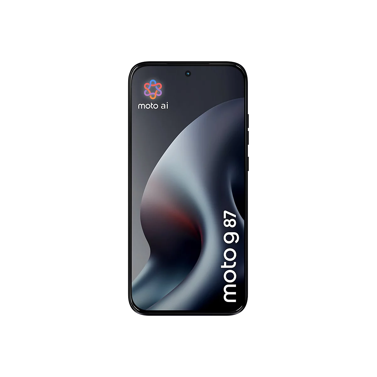 Schwarzes Motorola Smartphone mit moto ai Logo und Schriftzug moto g 87 auf dem Display vor weißem Hintergrund.