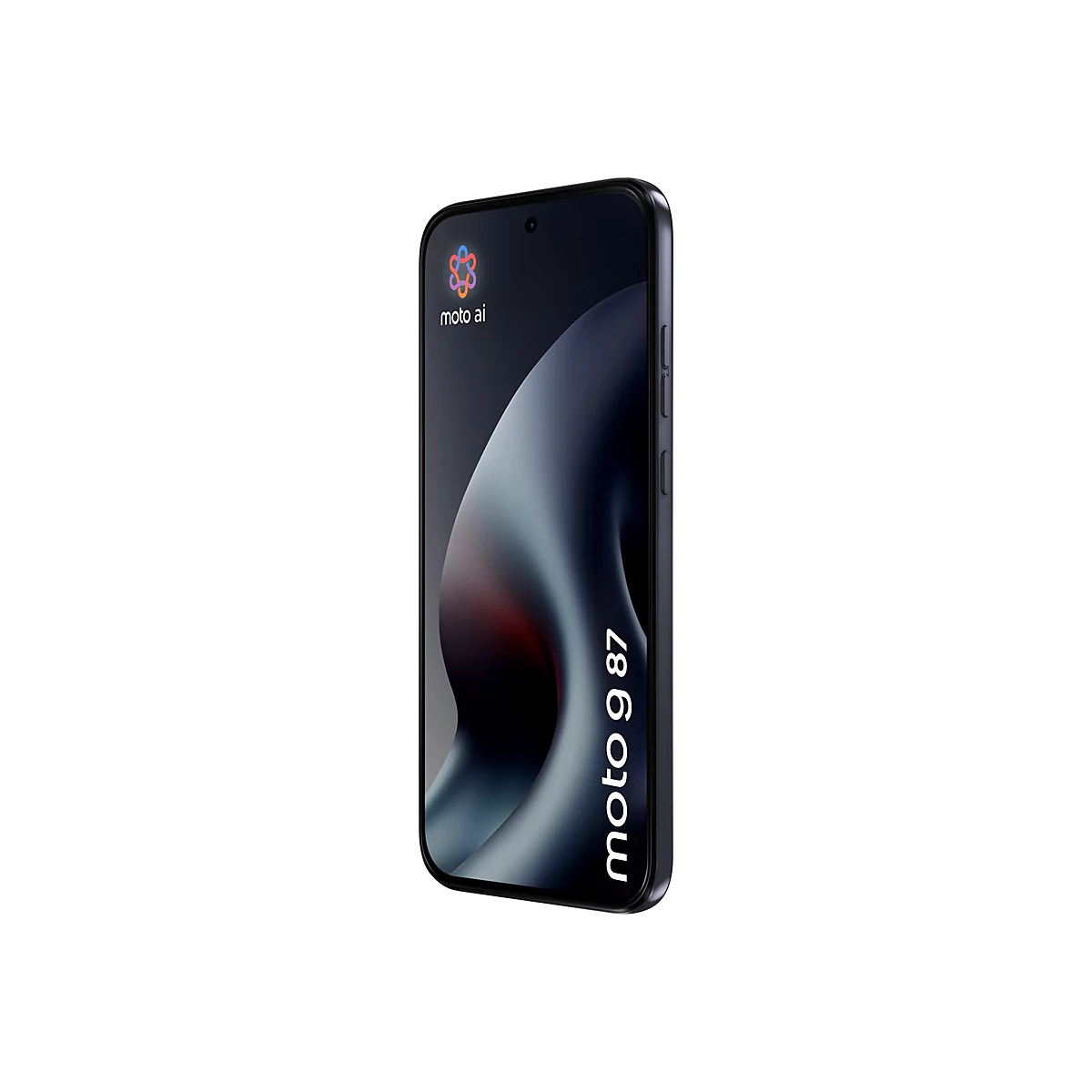 Schwarzes Motorola Smartphone in Seitenansicht mit Moto AI Logo und Schriftzug auf dem Display.