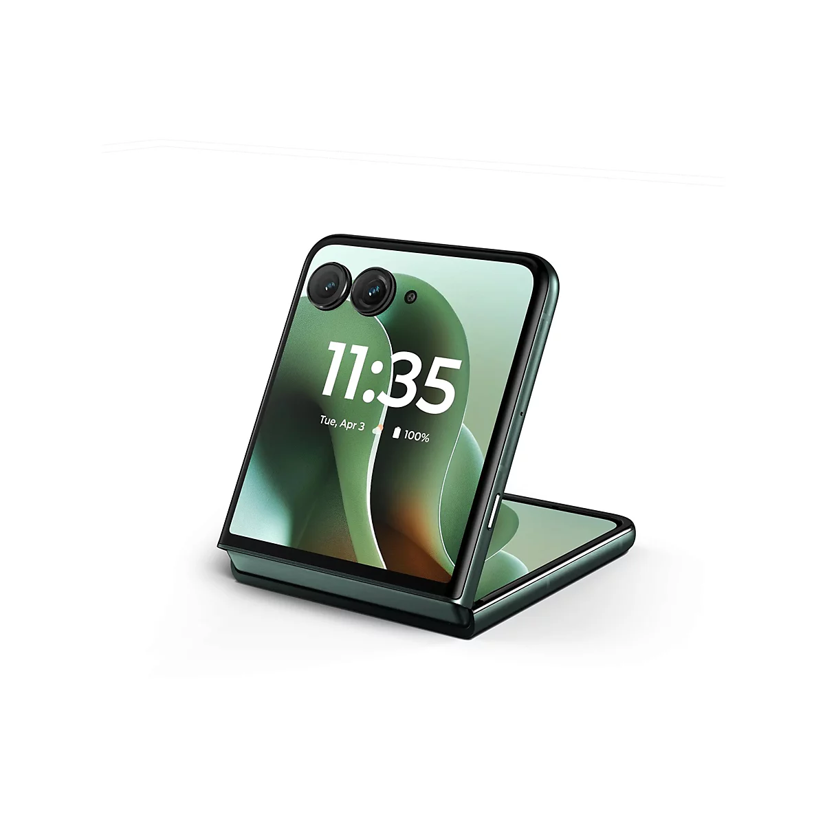Ein dunkelgrünes, halb aufgeklapptes Smartphone mit den Uhrzeiten 11:35 auf dem Bildschirm. Im oberen Bereich befinden sich zwei Kameras.