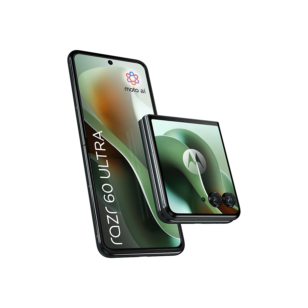 Zwei schwarze Motorola-Handys, das eine aufgeklappt, das andere zusammengeklappt. Beide zeigen ein farbenfrohes Display mit dem Logo "moto ai".