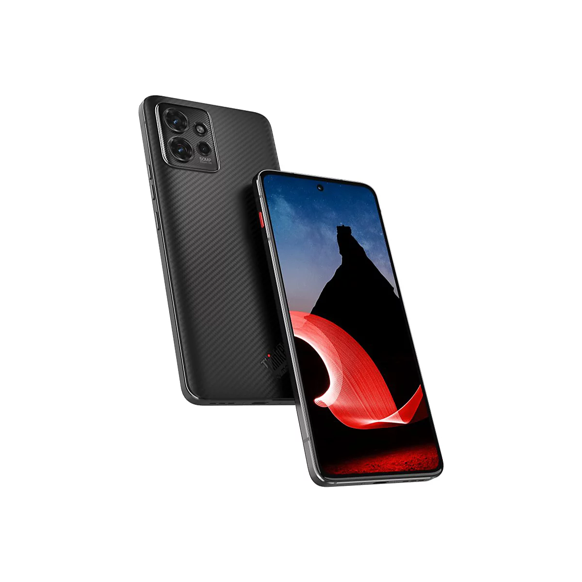 Zwei schwarze Smartphones. Eines ist von hinten zu sehen, mit Kamera und Carbon-Optik. Das andere zeigt ein rotes Muster auf dem Bildschirm.