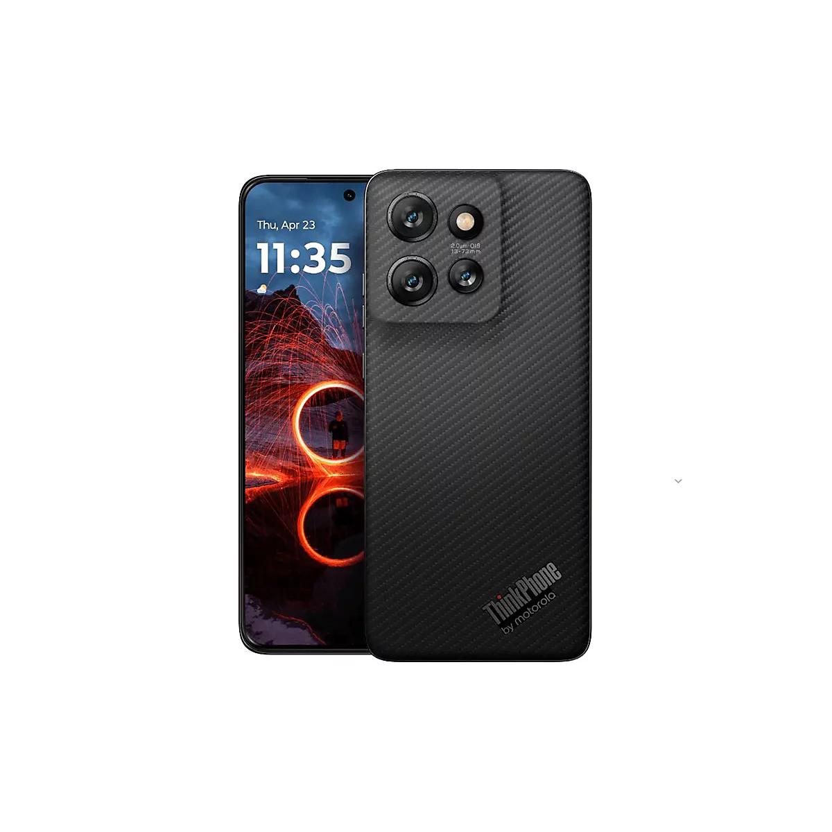 Schwarzes Smartphone mit Datum und Uhrzeit auf dem Bildschirm. Rückseite mit Kameras und ThinkPhone-Logo.