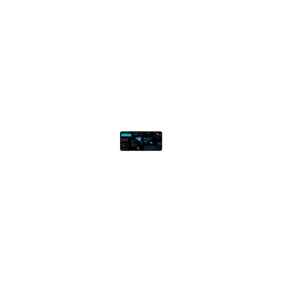 Smartphone mit grafischer BenutzeroberflÃ¤che: Blaue Datenvisualisierungen auf dunklem Hintergrund, Weltkarte.