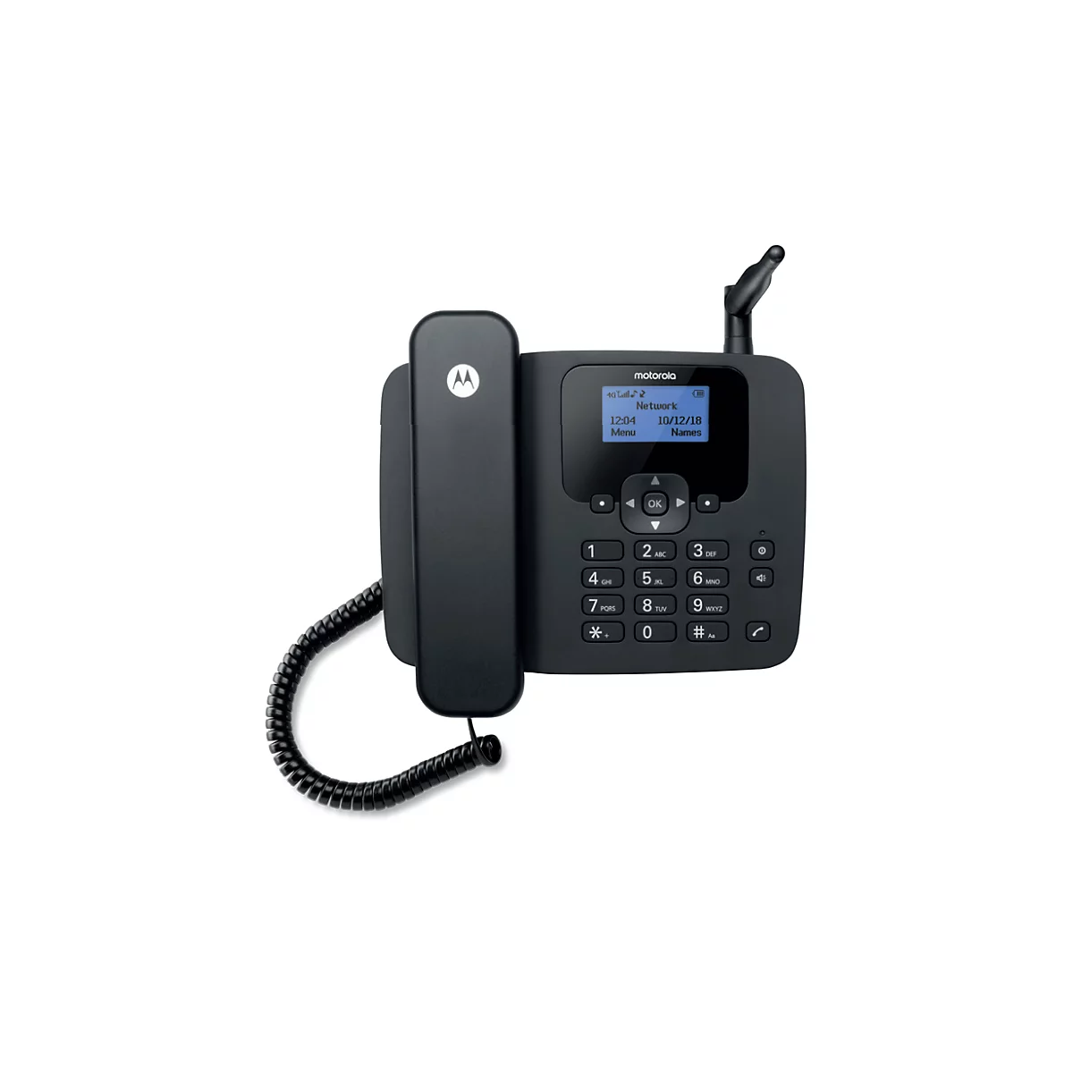 Schwarzes Motorola Schnurtelefon mit beleuchtetem Display, Tastenfeld und Hörer vor weißem Hintergrund.