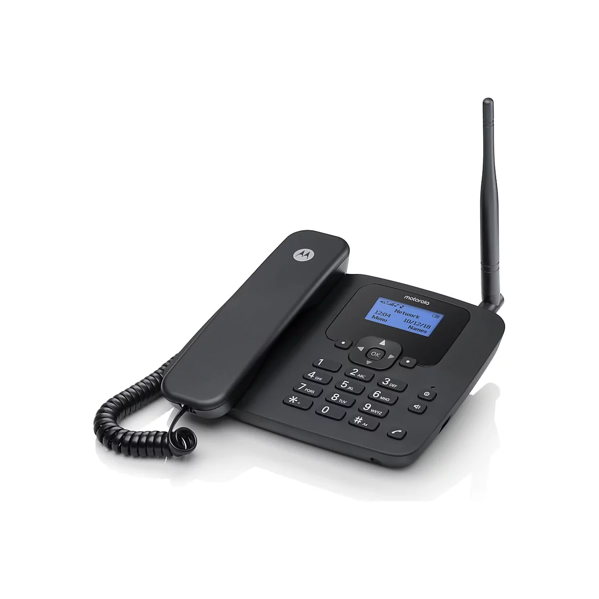 Schwarzes Motorola-Tischtelefon mit Antenne und beleuchtetem Display vor weißem Hintergrund.