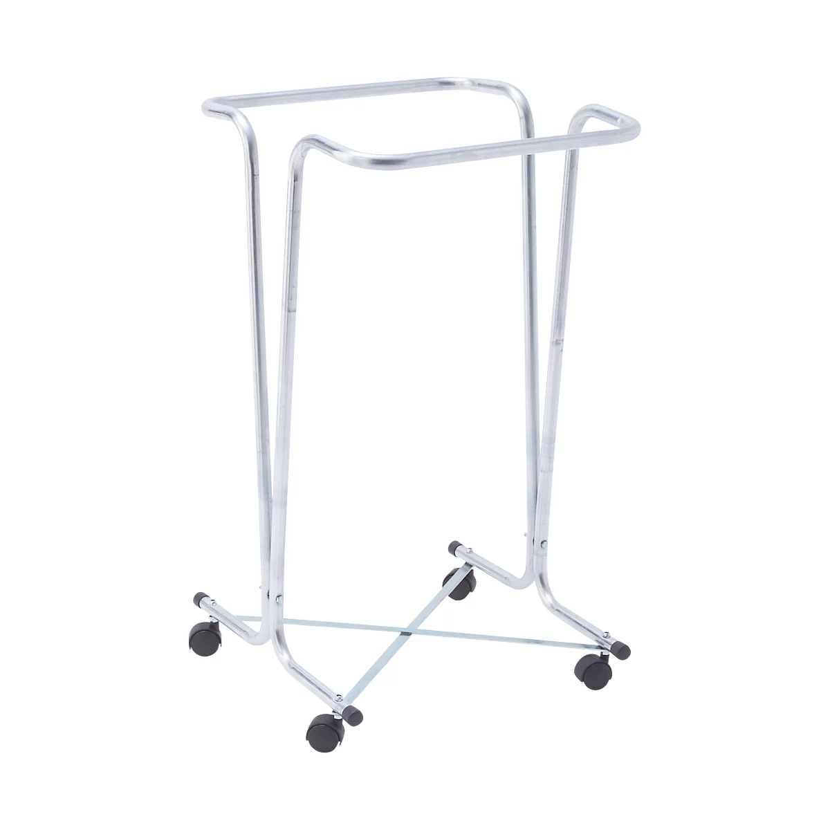 Een zilveren metalen wasrek met wieltjes. De standaard heeft een rechthoekige vorm om de was op te hangen.