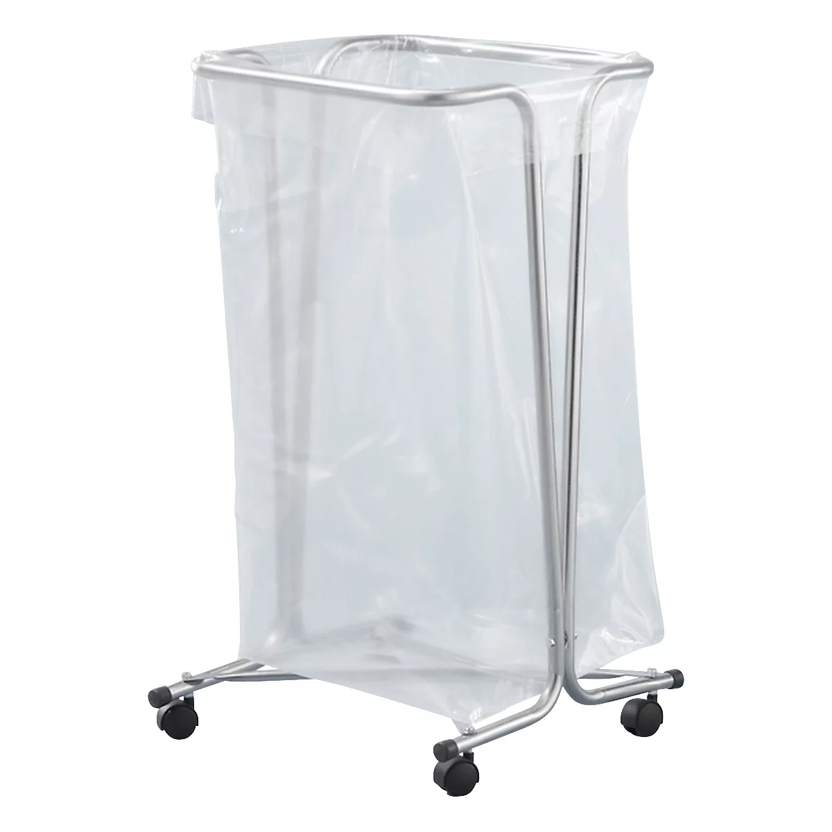 Wasmand op wielen. Metalen frame, doorzichtige plastic zak.