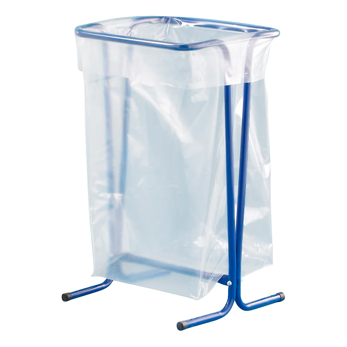 Blauw metalen frame met een plastic zak. Het frame heeft een rechthoekige vorm en staat op kleine voetjes.