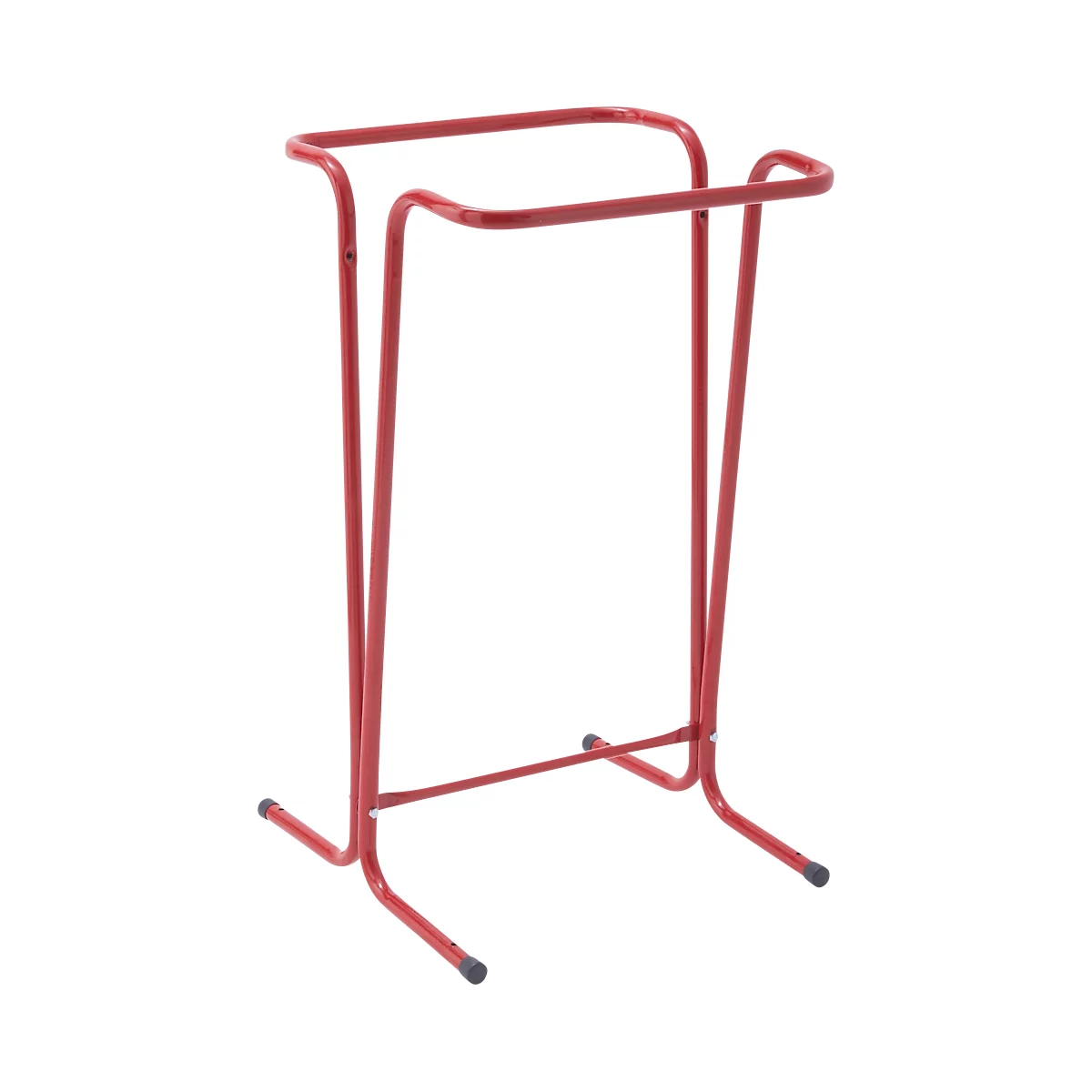 Rode, vrijstaande metalen kledingrek. Het rek heeft een rechthoekig frame met vier steunpoten.