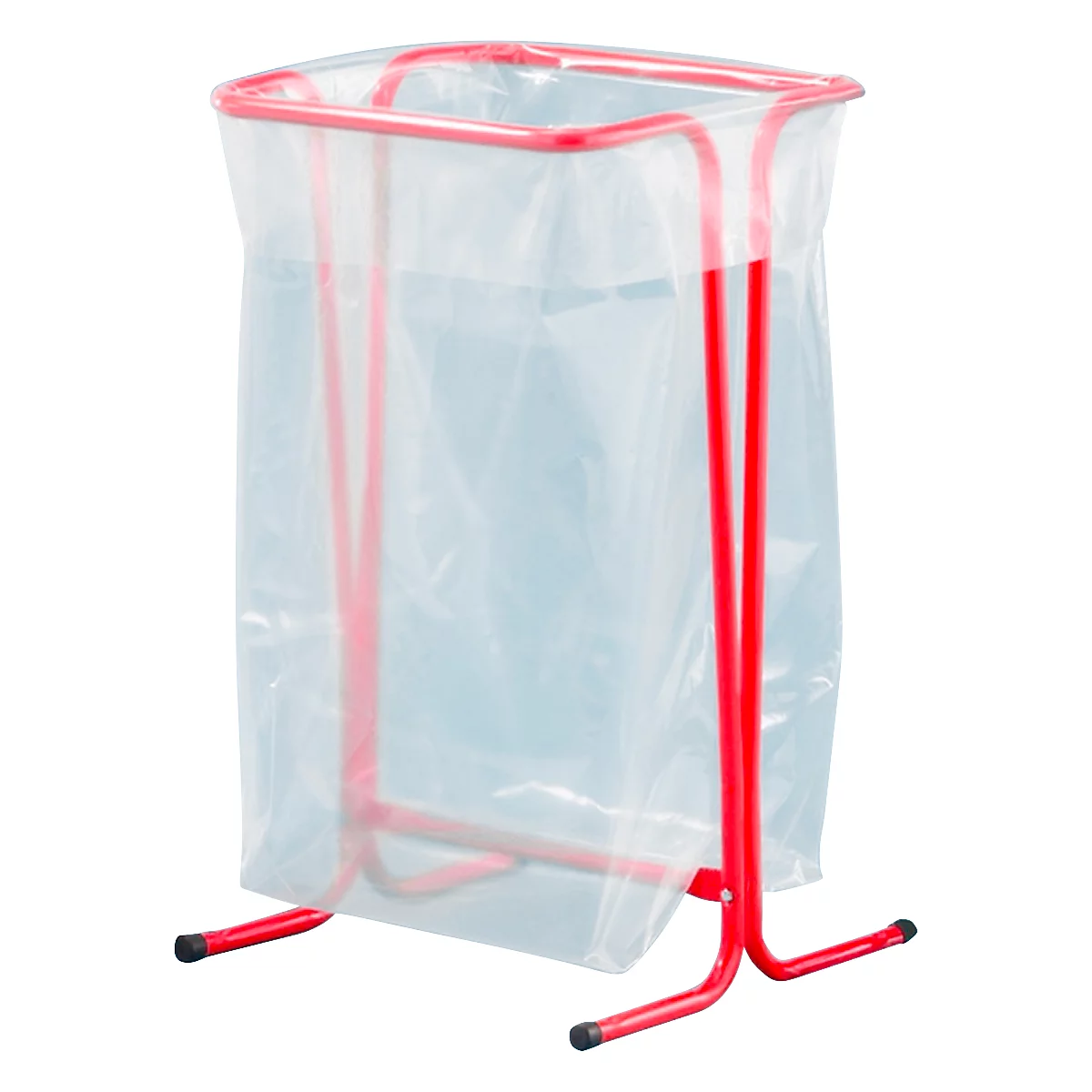 Rood metalen frame met een doorzichtige plastic zak voor afval.