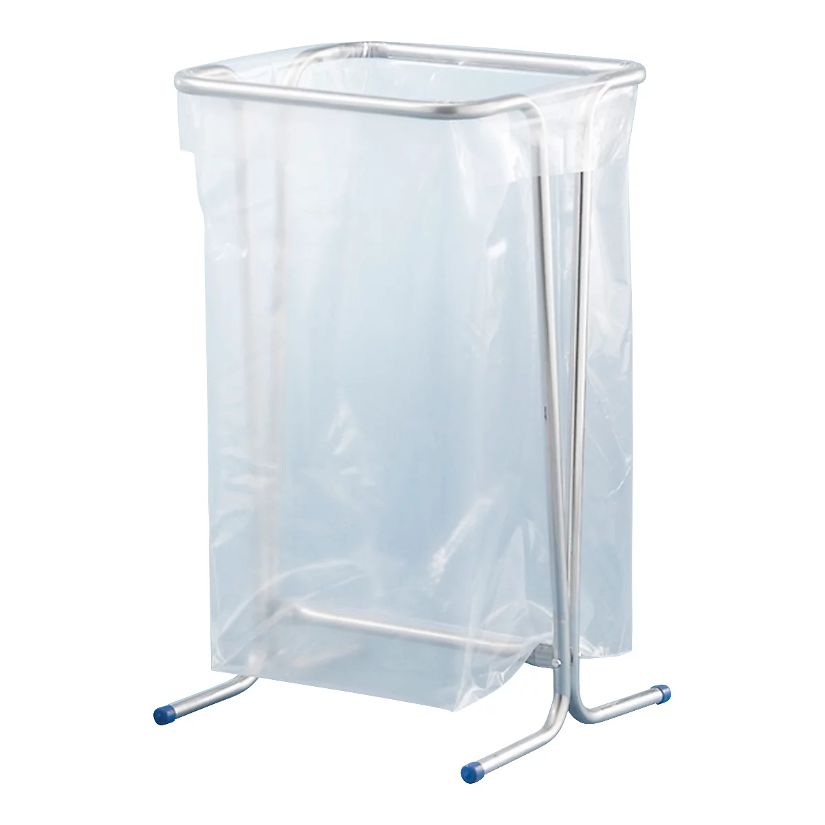 Afvalzakstandaard met transparante afvalzak, zilveren frame, blauwe rubberen voetjes.