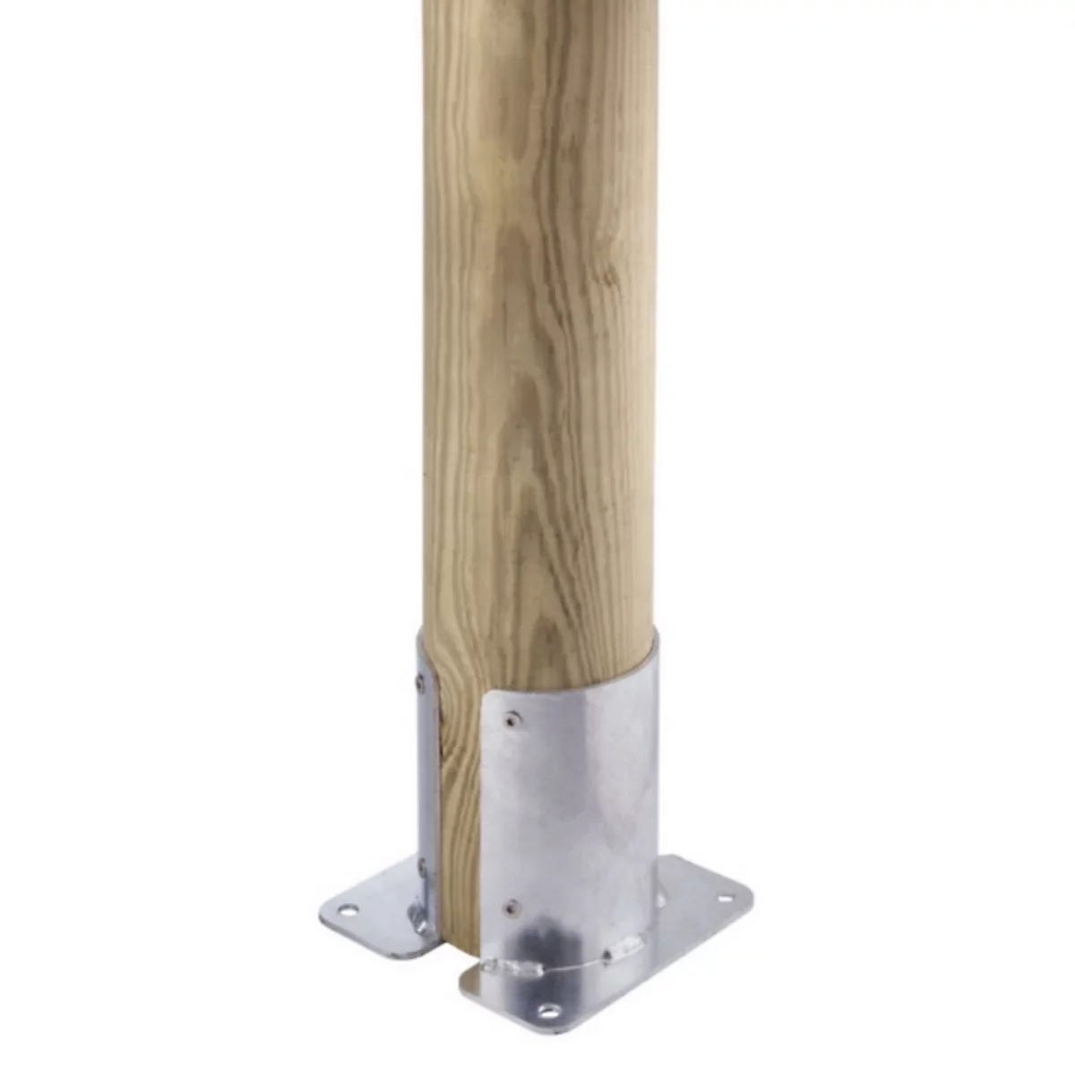 Holzpfosten in einem verzinkten U-Pfostenträger mit Bodenplatte.