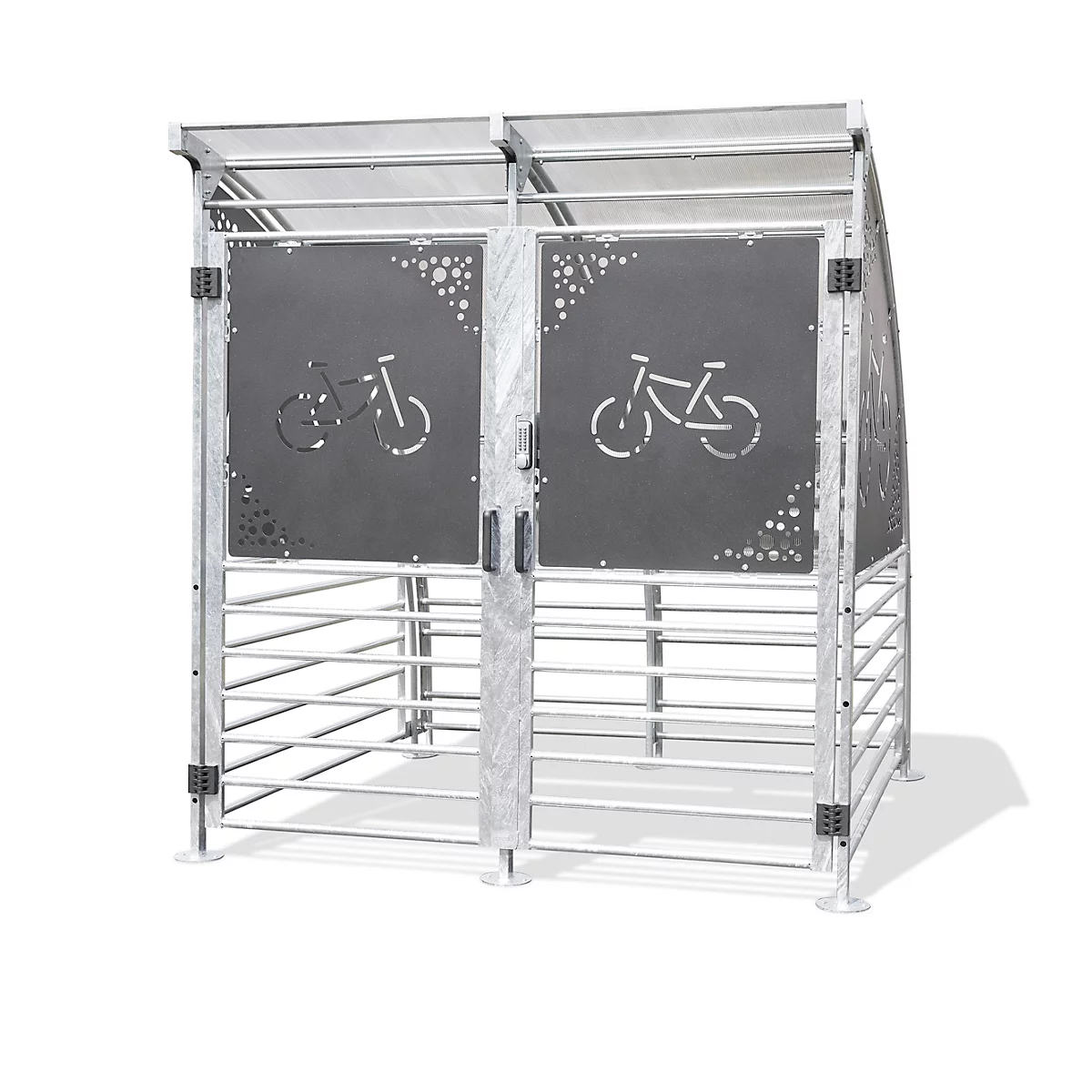 Metal bicycle shelter with two doors, each with a bicycle depicted on them.
