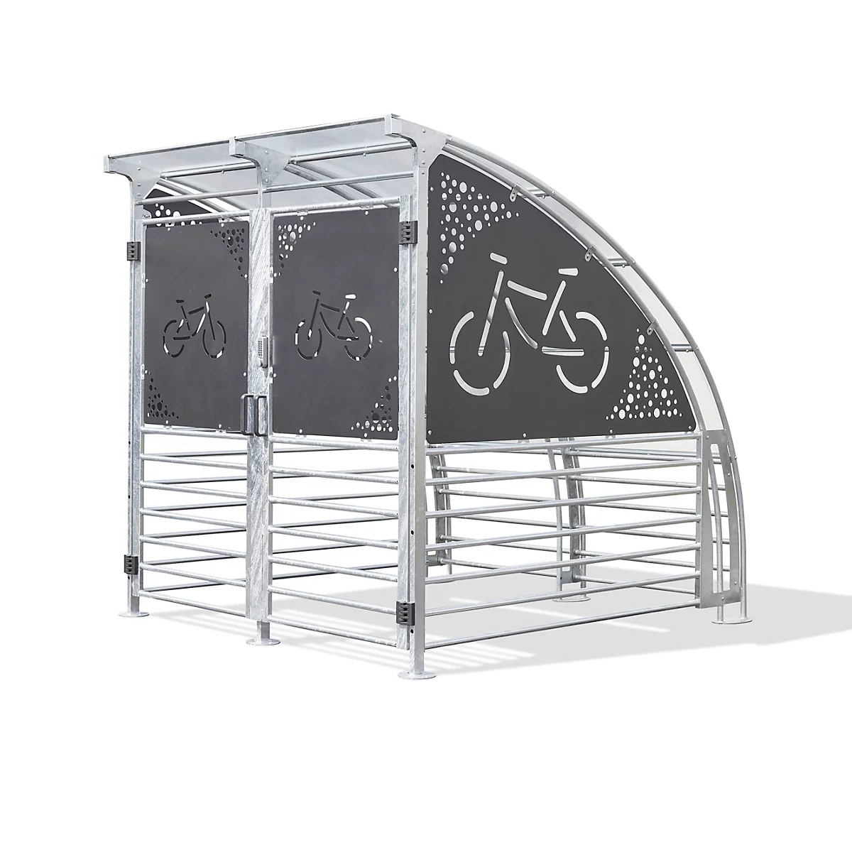 Metal bicycle shelter with bike symbols on the front, serving as protection.