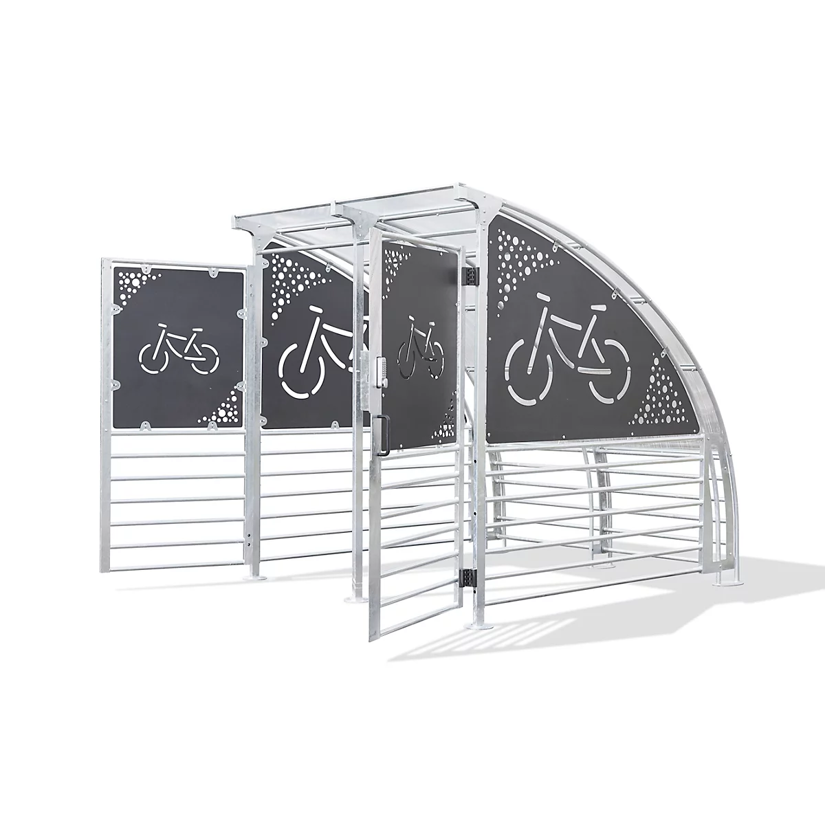 Metal bike shelter with bike symbols cut into the dark panels. Partially open.