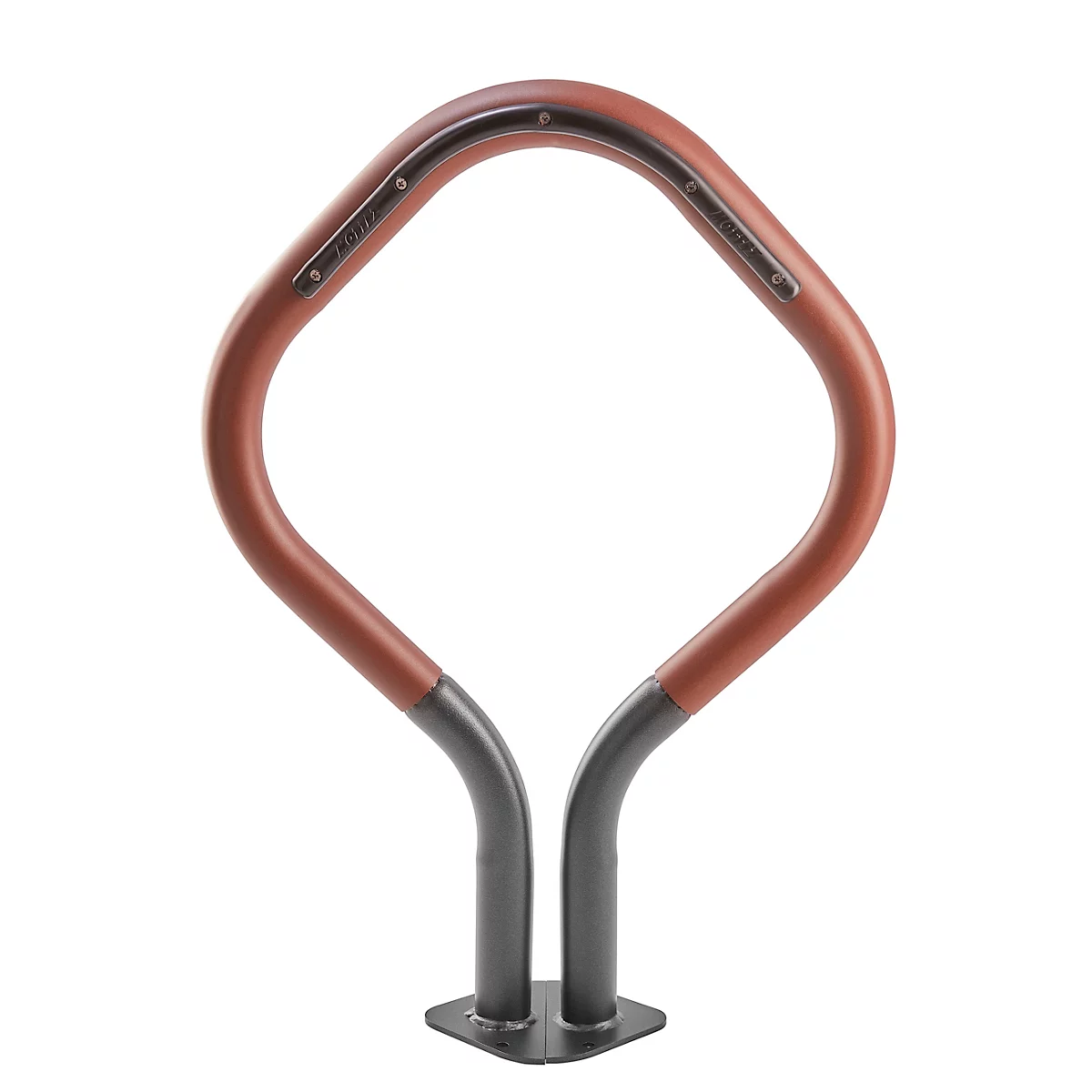 Brown and gray bike rack with square base.