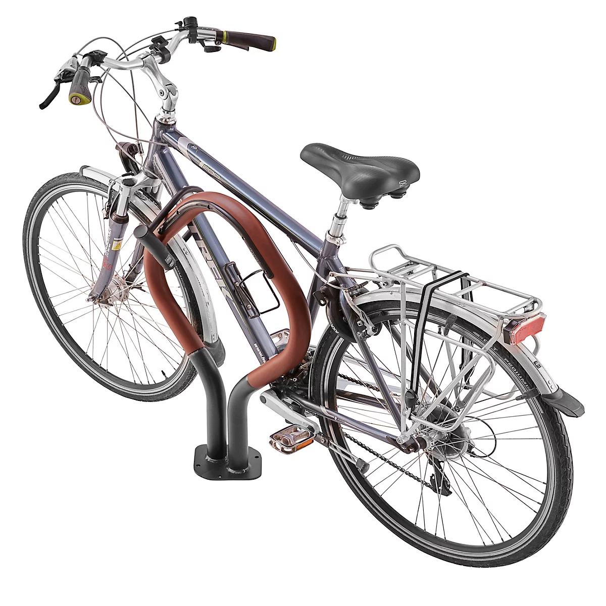 Bicycle standing in a steel bike rack, in shades of purple and brown.