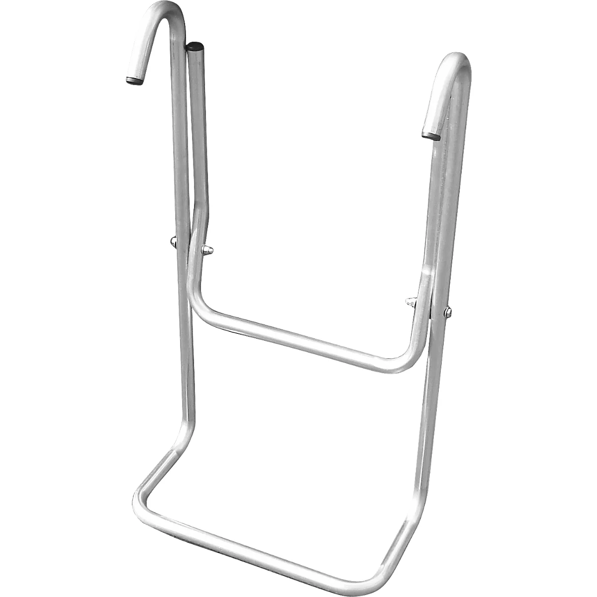 Zilveren metalen frame, gebogen tot haken, staven en een basis. De vorm lijkt op een kleerhanger.