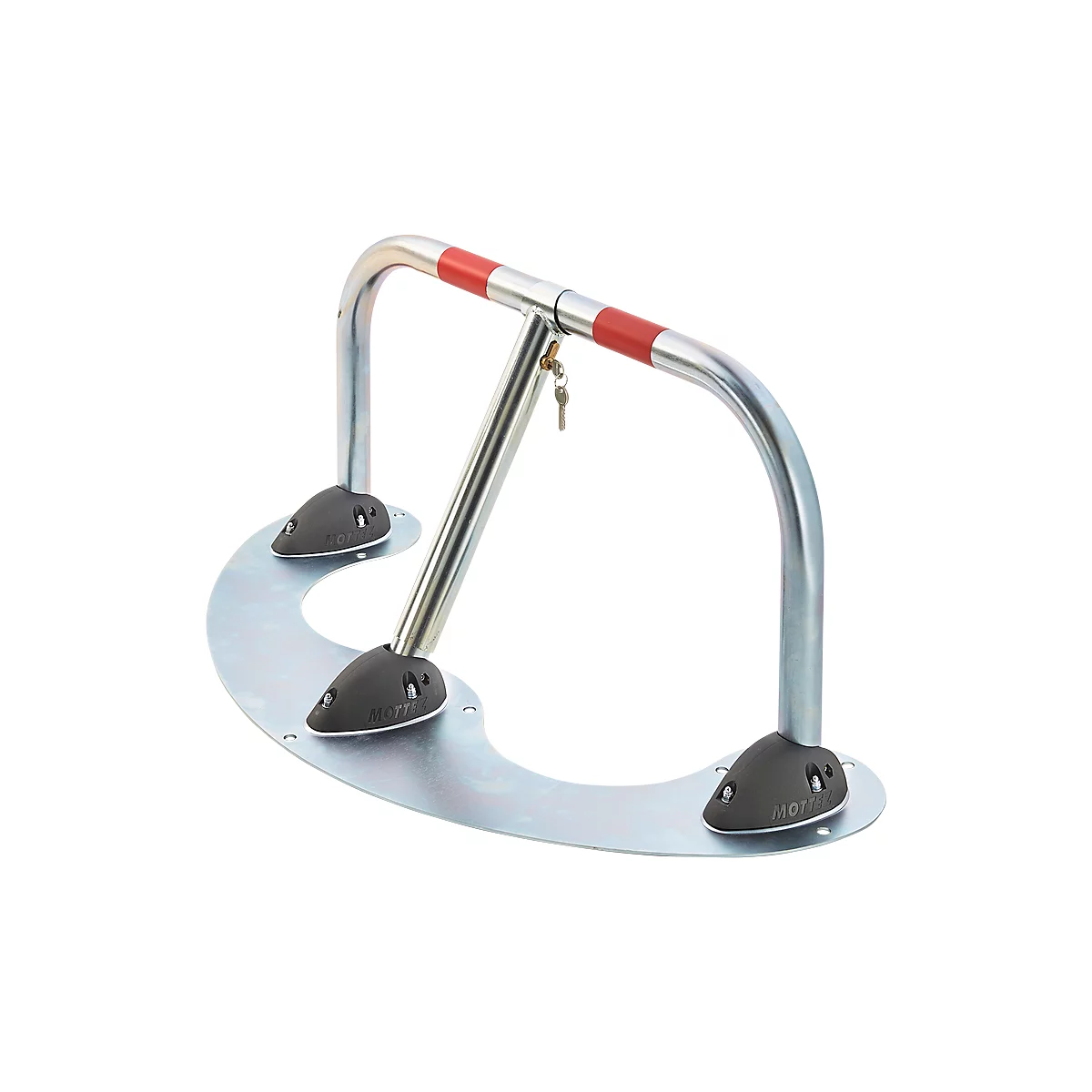 Foldable metal parking barrier with red accents and key.