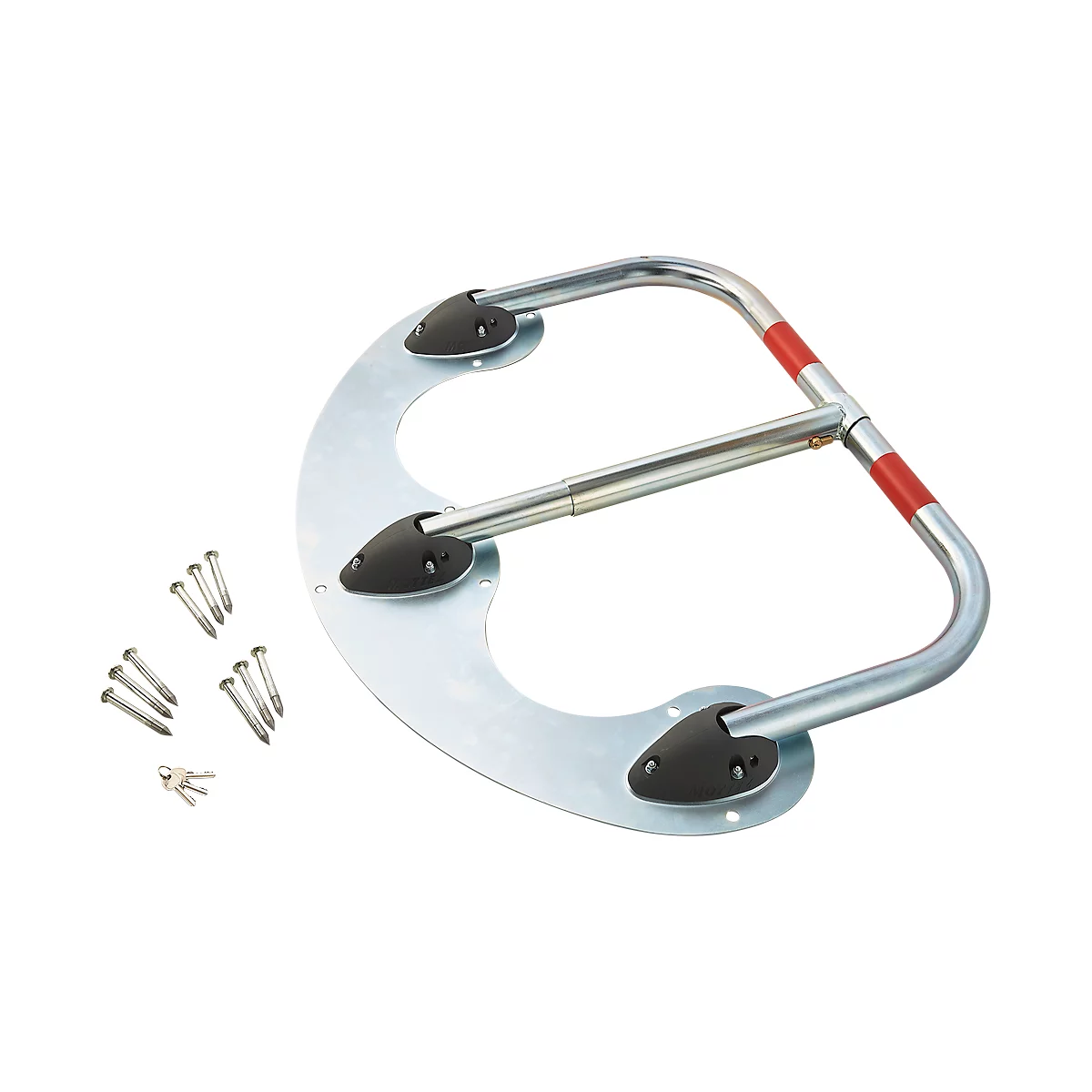 Metal parking barrier with red stripe, screws, and key next to it. The barrier is open.