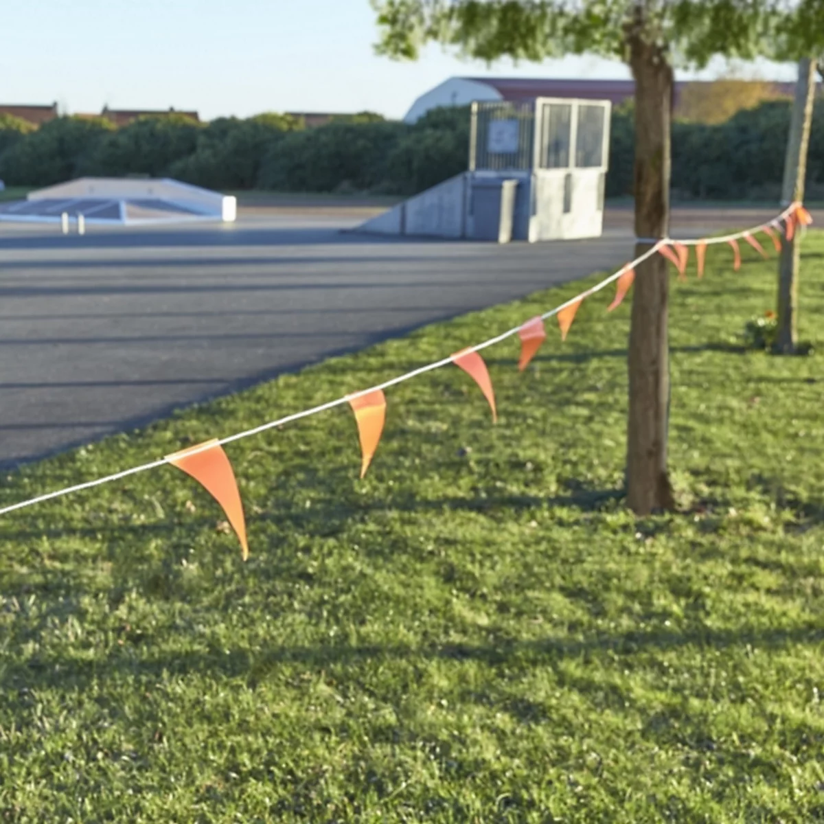Orange pennant string in front of a skate park, lawn and trees.
