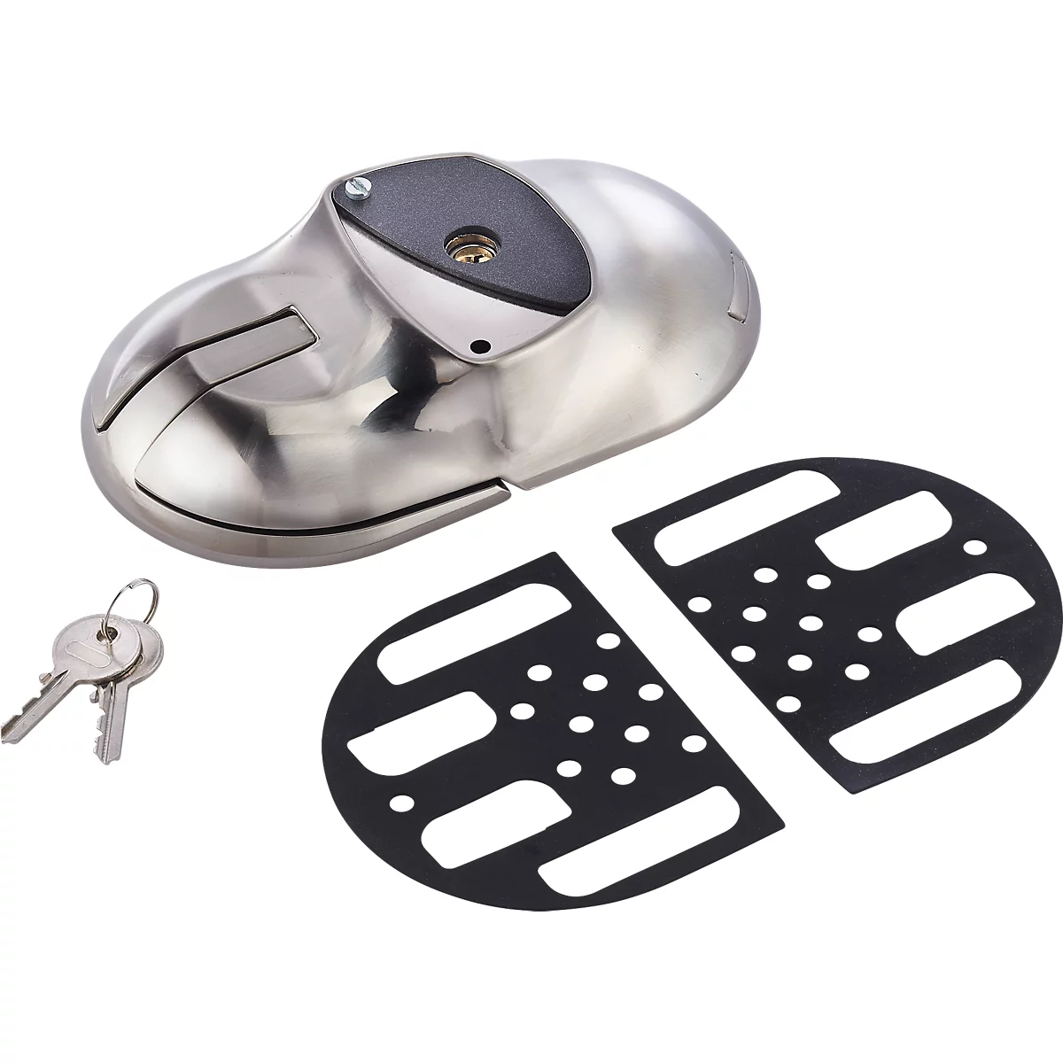 Een zilverkleurig metalen slot met twee sleutels en twee zwarte ovale platen met gaten. De achtergrond is wit.