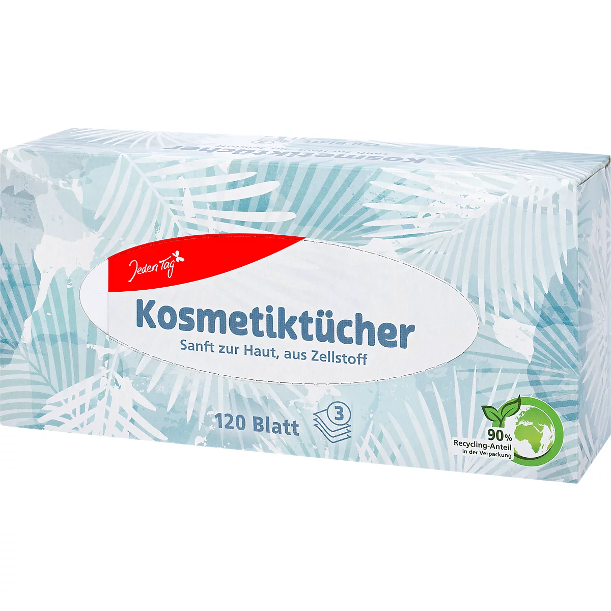 Boîte de mouchoirs cosmétiques, blanche avec motif de feuilles de palmier bleues, logo rouge "Jeden Tag"; Texte : "Mouchoirs cosmétiques, doux pour la peau, en cellulose".