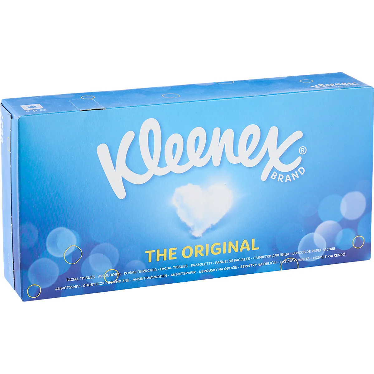 Boîte Kleenex bleue. Logo et texte. Imprimé : The Original. Forme de cœur blanche.