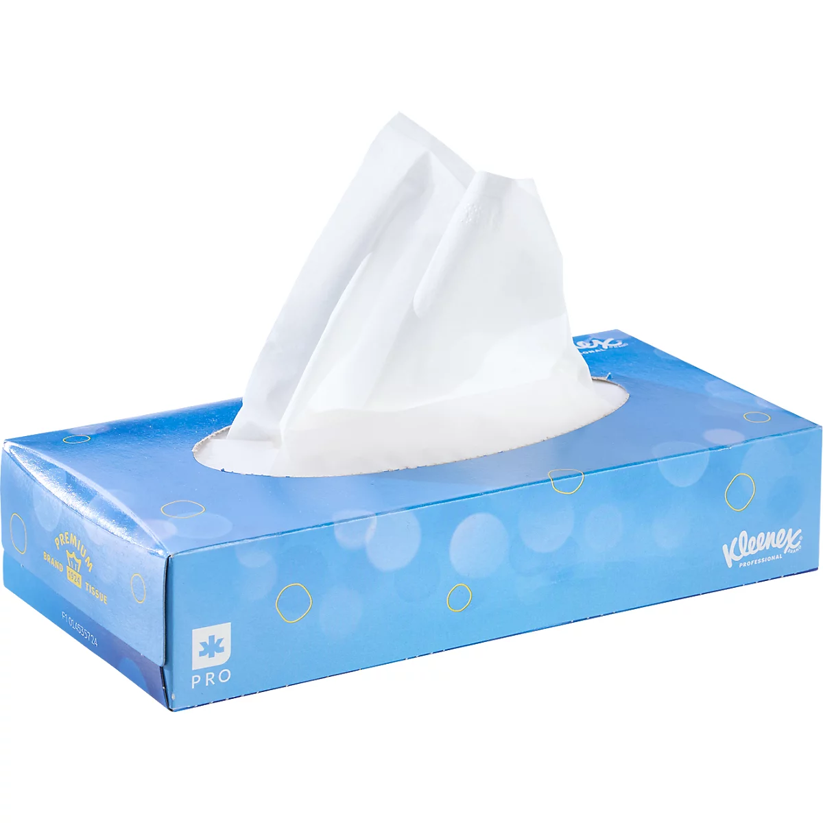 Boîte de mouchoirs Kleenex bleue et blanche, mouchoirs blancs qui dépassent.