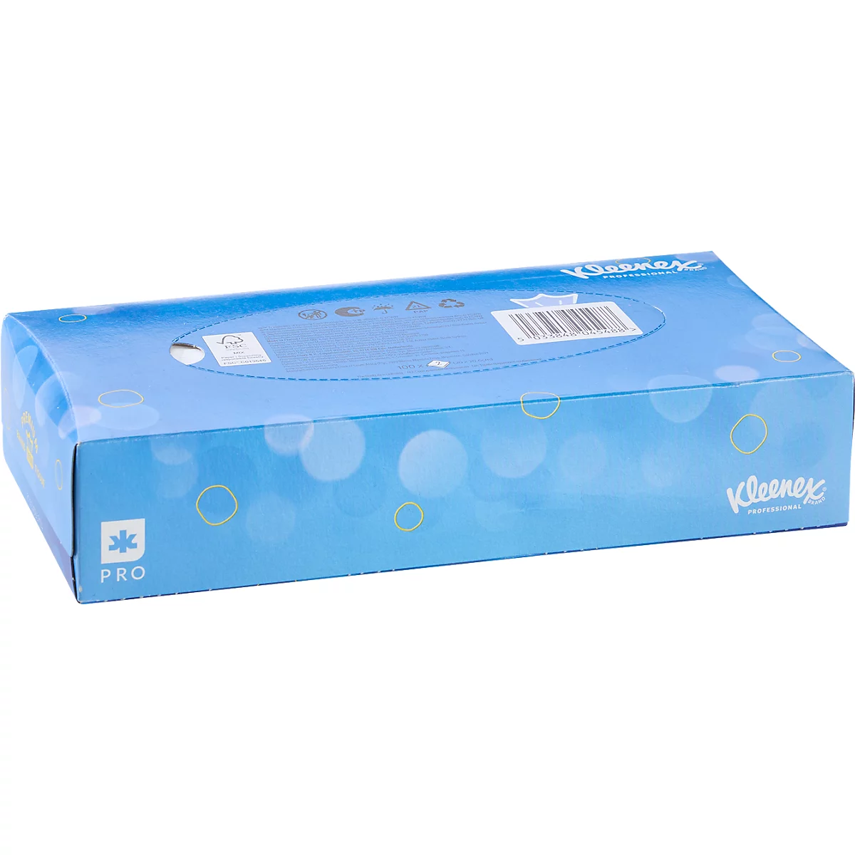 Une boîte de Kleenex bleue avec 'Kleenex' et 'PRO' dessus. Le fond est bleu clair avec des cercles blancs.