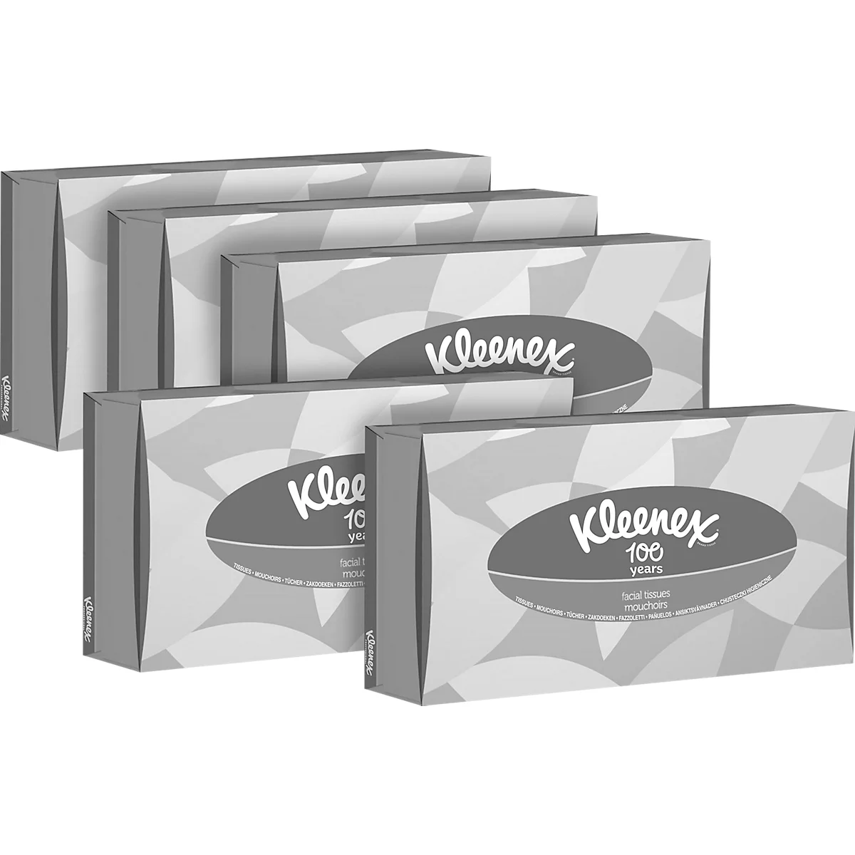 Image en niveaux de gris de cinq boîtes de Kleenex disposées en arrière-plan. Le nom de la marque figure sur le devant de chaque boîte.