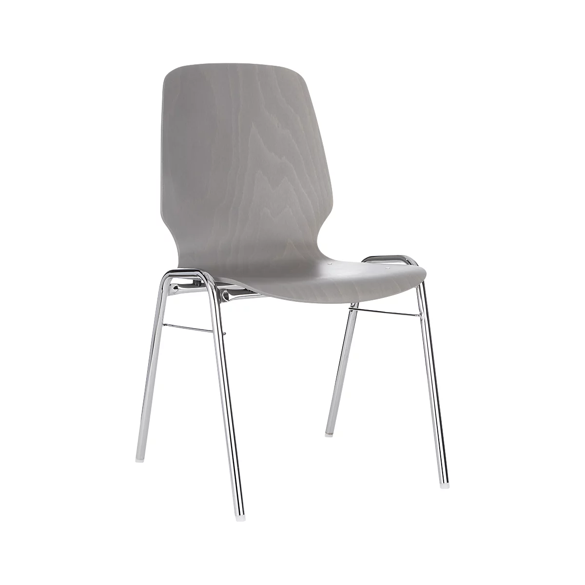 Gray chair with wood effect, chrome legs and backrest.