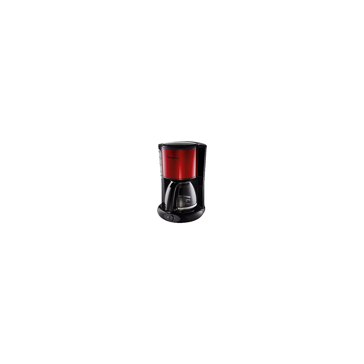 Kaffeemaschine von Moulinex in Rot und Schwarz mit Glaskanne vor weißem Hintergrund.