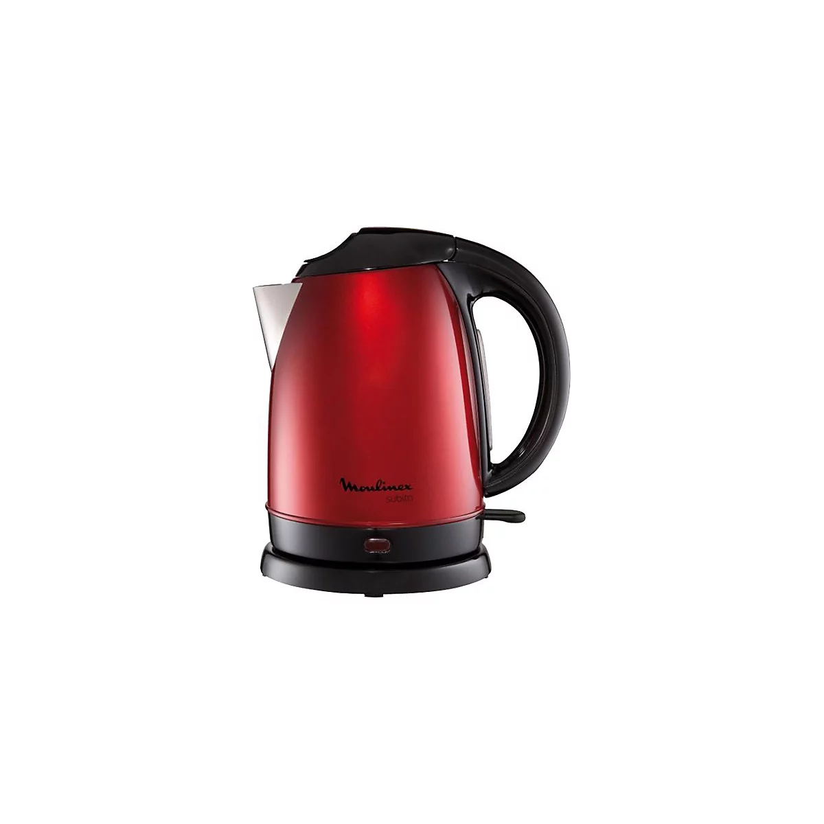 Roter Moulinex Wasserkocher Subito mit schwarzem Griff und Sockel vor weißem Hintergrund.