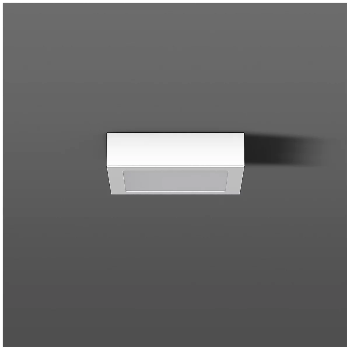 Square white ceiling light on a light gray background. The light shines downwards.