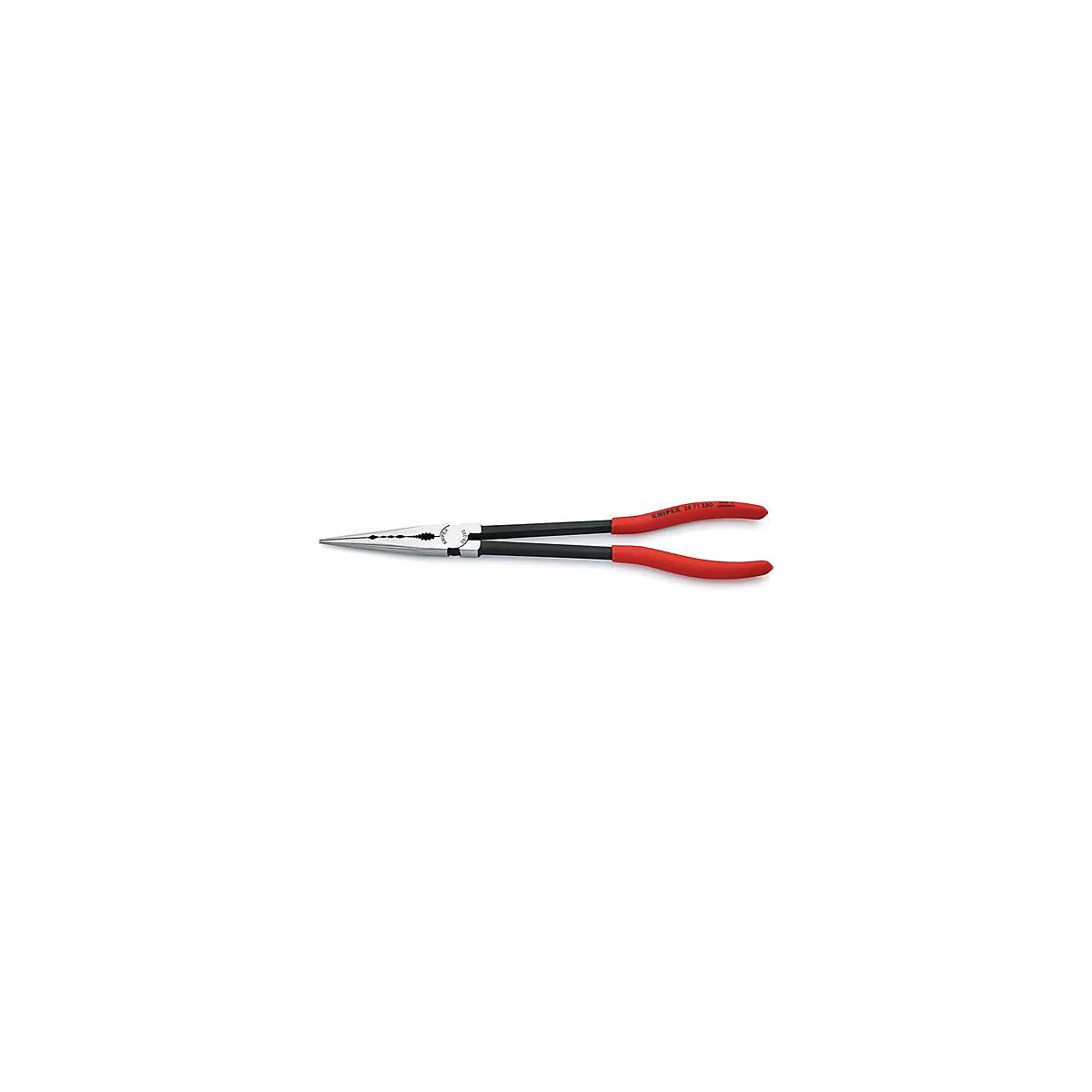 Needle-nose pliers with red handles and black center. Inscription: KNIPEX 261 200
