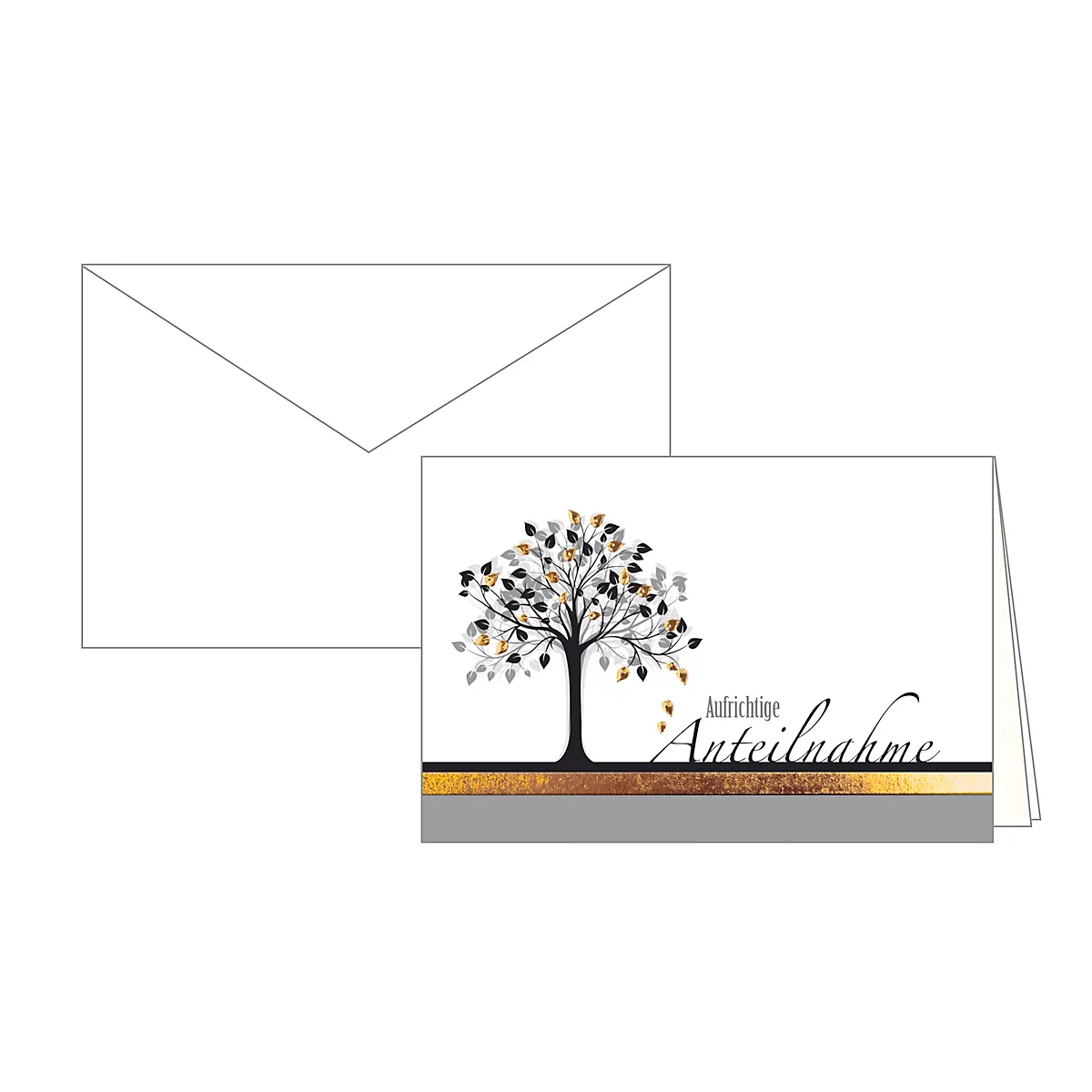 Greeting card with a tree, text: Sincere Condolences. Golden and silver elements.