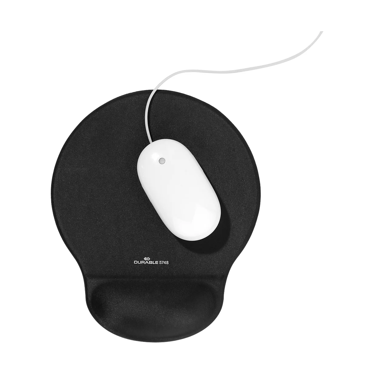 Black mouse pad with wrist rest, white mouse with cable.