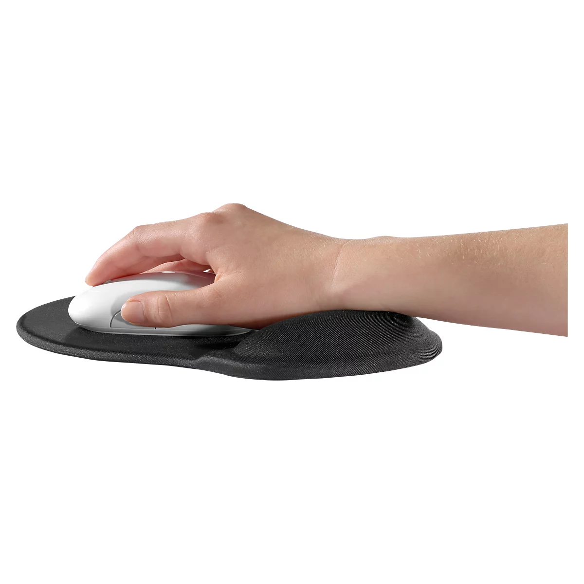 Hand on an ergonomic mouse with wrist rest. Black rest, white mouse, fair skin.