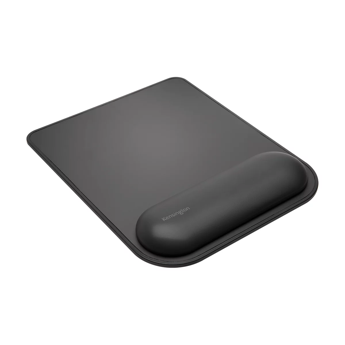 Black mousepad with wrist rest. The writing 'Kensington' is visible.