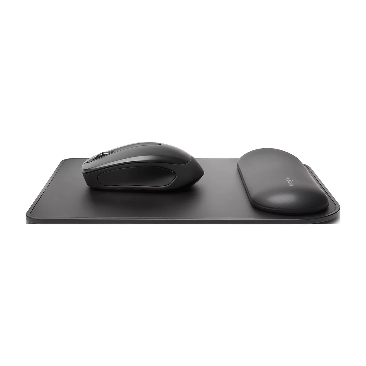 Black ergonomic mouse with wrist rest on a black mouse pad.