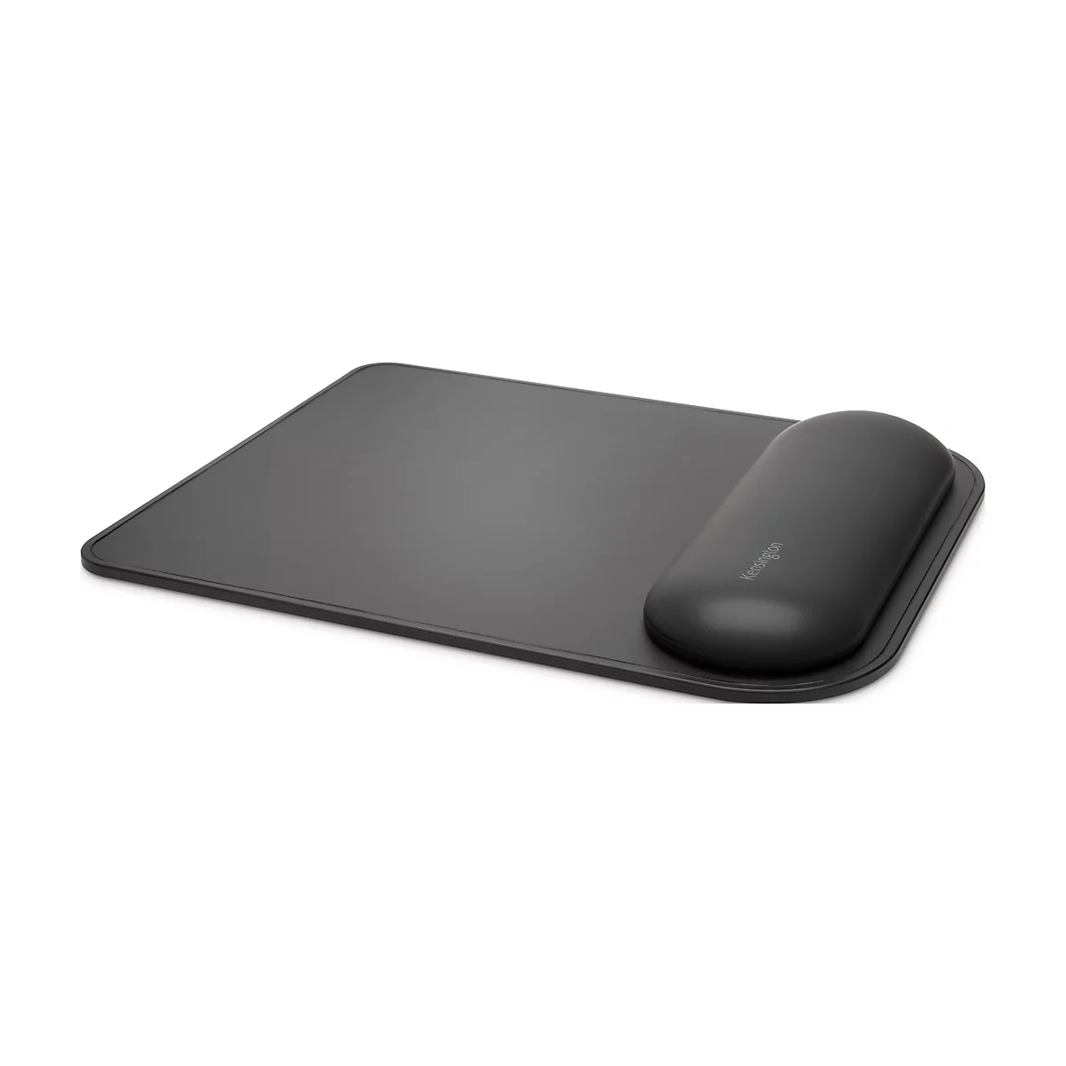 Grey mousepad with wrist rest. The rest is black with a silver logo.
