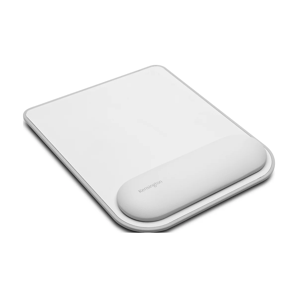 White mouse pad with wrist rest. Gray frame, Kensington lettering.