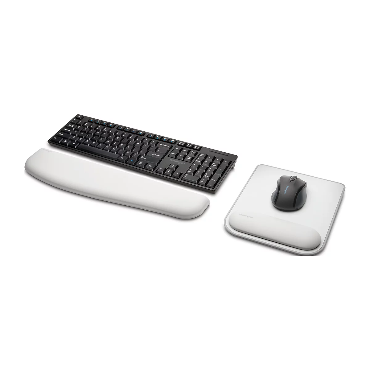 Black keyboard, white wrist rest and mousepad with mouse. All items are on a white background.