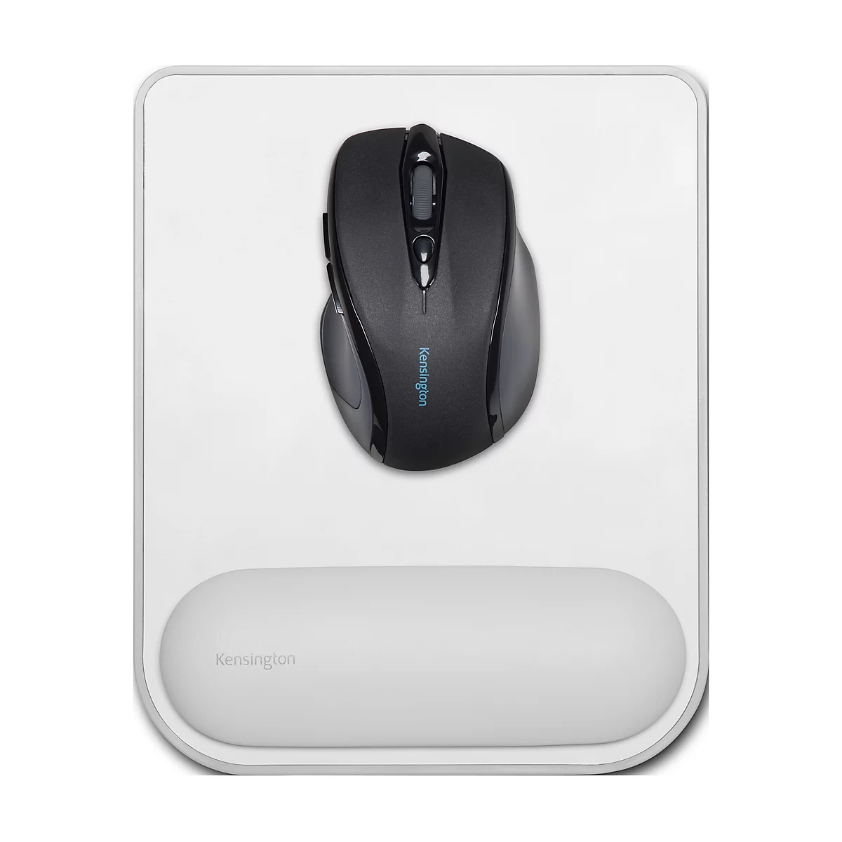 Black Kensington mouse and wrist rest on white mousepad.