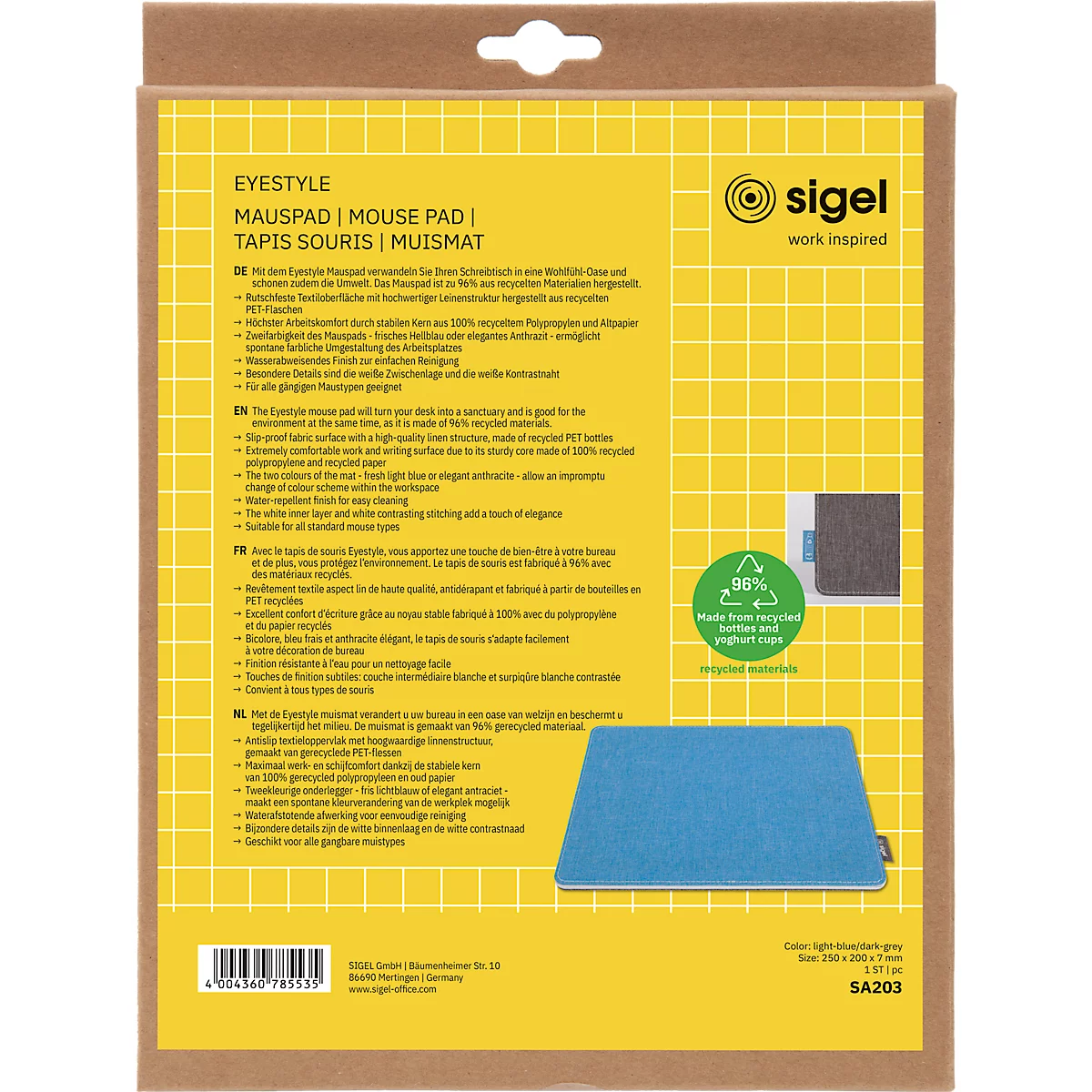Packaging with a blue mouse pad, product name: EYSSTYLE Mouse Pad, manufacturer Sigel. The background is yellow with a grid.