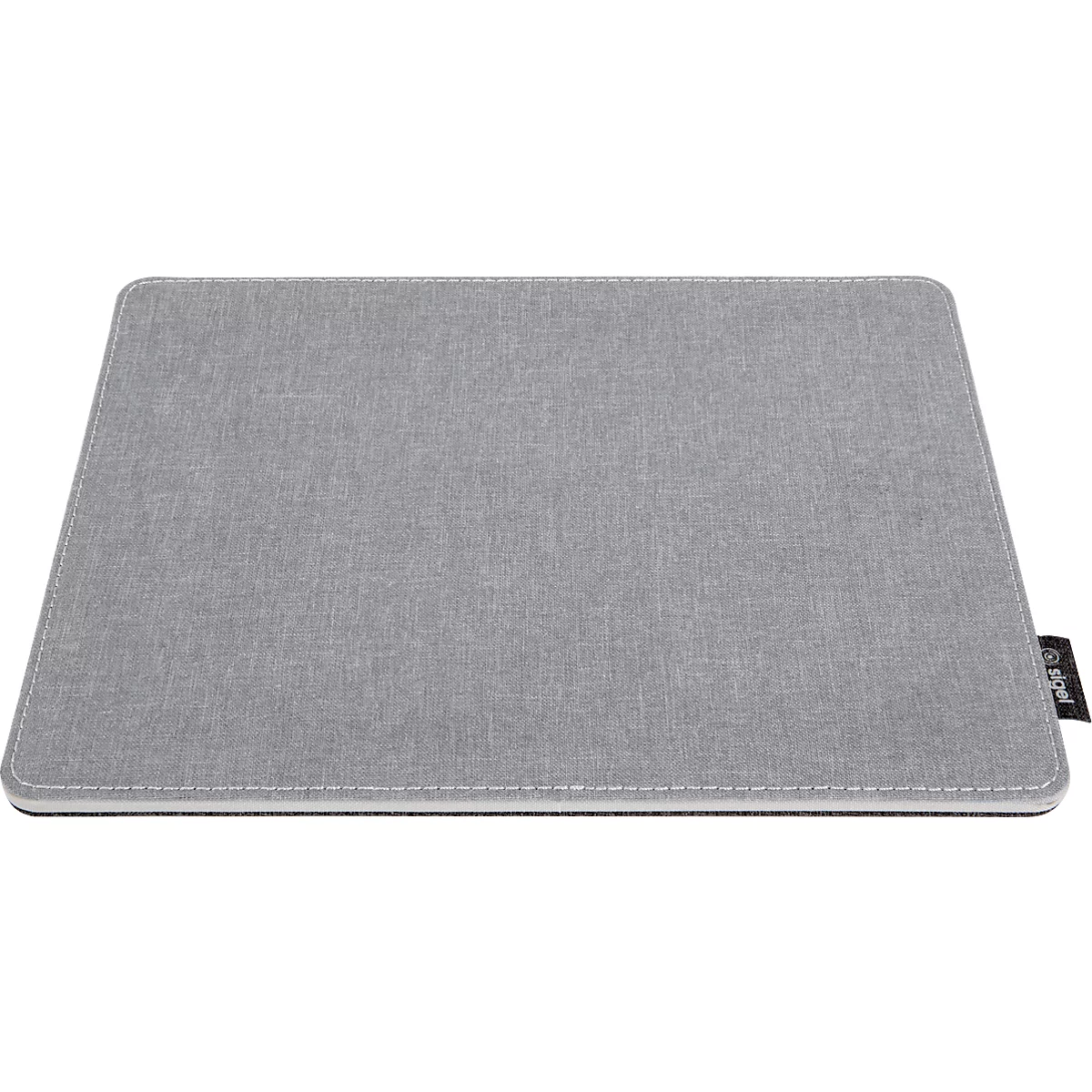 Gray, rectangular mousepad. With white border and small logo.